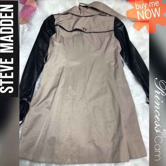 πSteve Madden Black Leather & Taupe Trench Coat - Picture 7 of 8